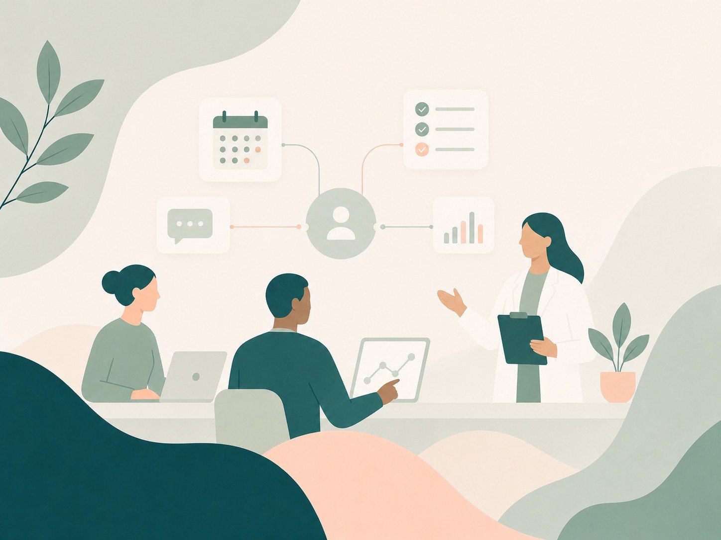 Abstract illustration of connected practice operations, scheduling, communication, and care coordination