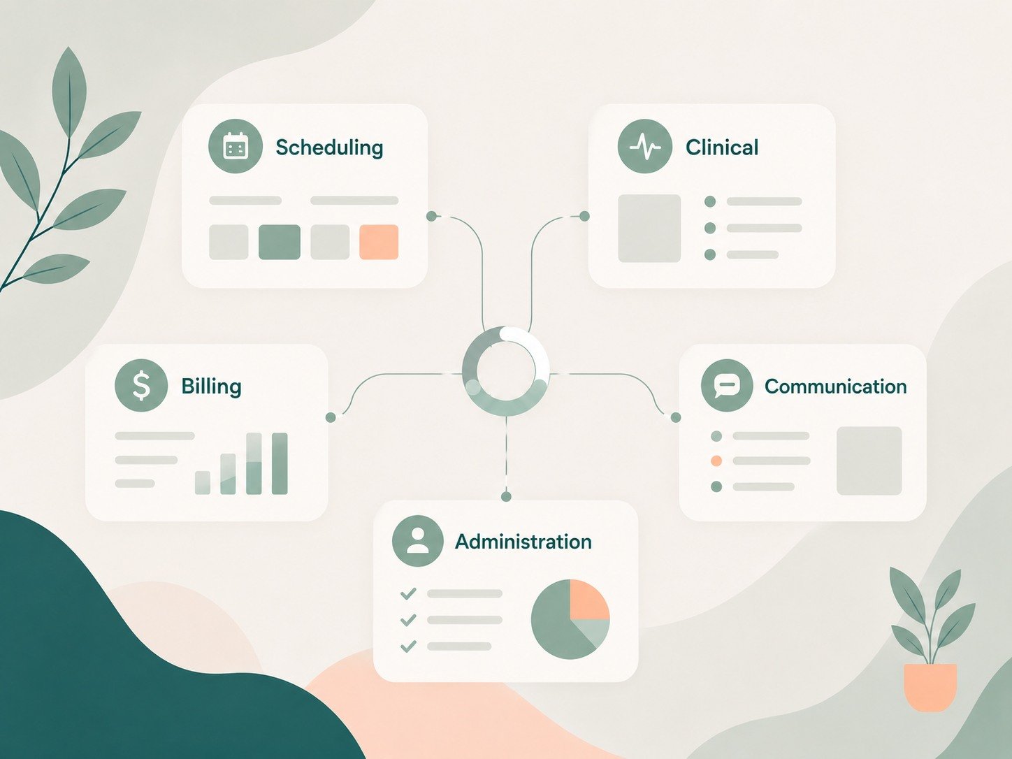 Abstract illustration showing scheduling, clinical, billing, communication, and administration connected through one platform